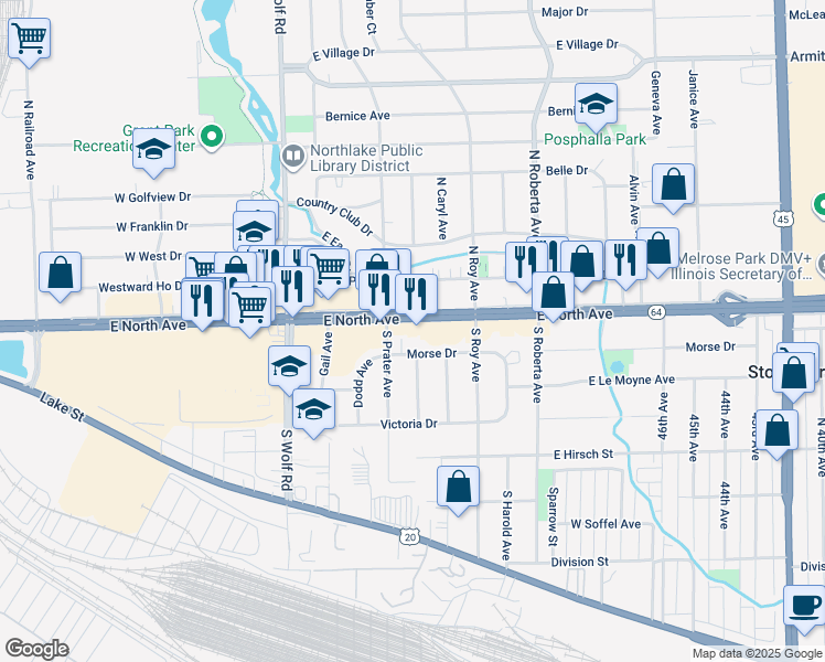 map of restaurants, bars, coffee shops, grocery stores, and more near 117 E North Ave in Northlake