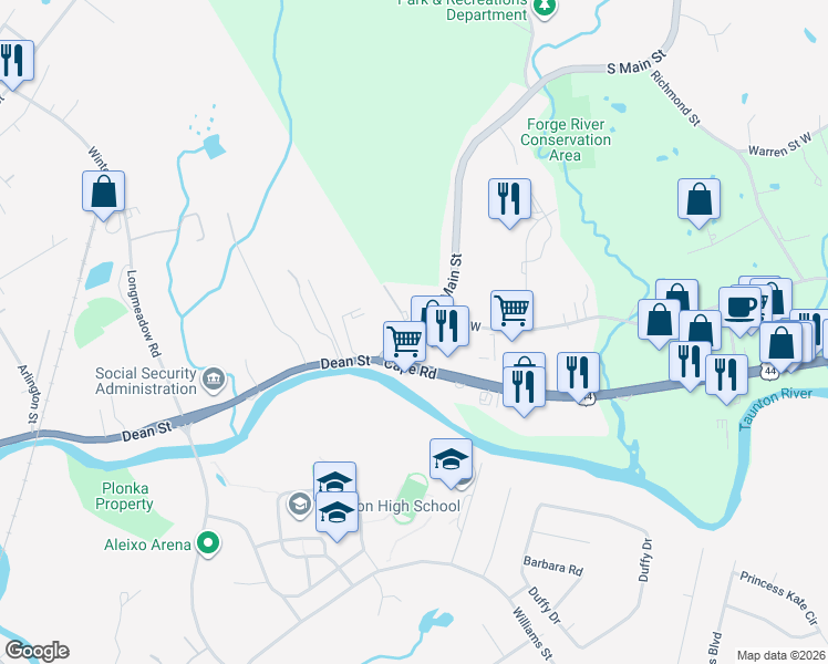 map of restaurants, bars, coffee shops, grocery stores, and more near 174 Dean Street in Taunton