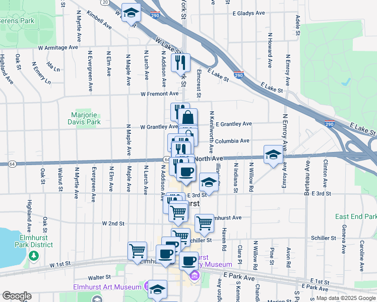 map of restaurants, bars, coffee shops, grocery stores, and more near 114 Columbia Avenue in Elmhurst