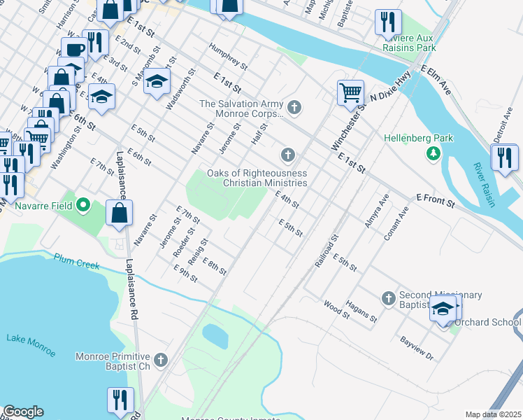 map of restaurants, bars, coffee shops, grocery stores, and more near 504 Kentucky Avenue in Monroe