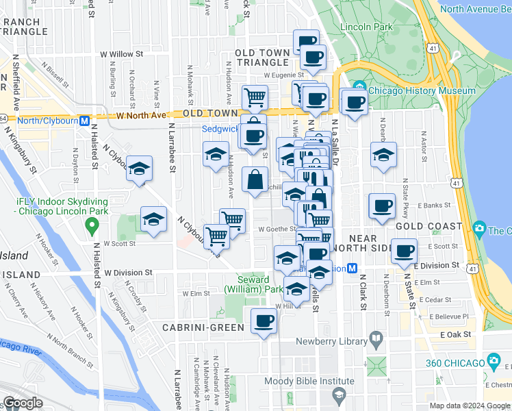 map of restaurants, bars, coffee shops, grocery stores, and more near 340 West Evergreen Avenue in Chicago