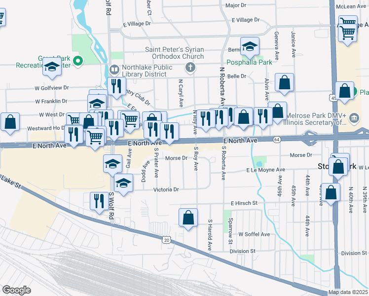 map of restaurants, bars, coffee shops, grocery stores, and more near 2318 North Avenue in Melrose Park
