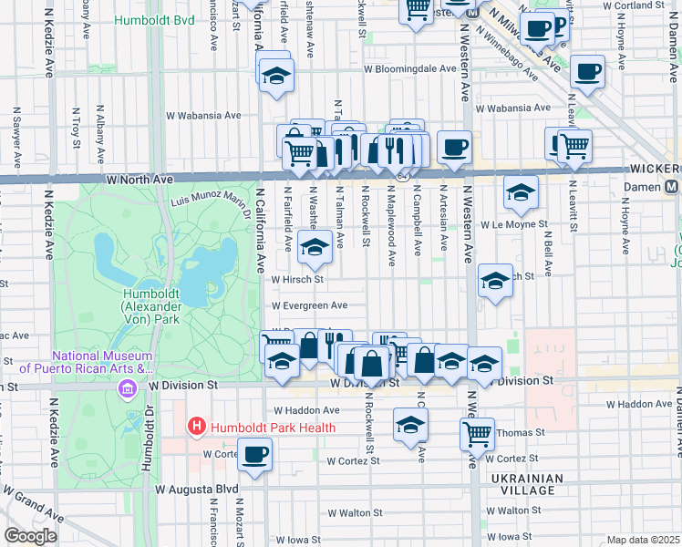 map of restaurants, bars, coffee shops, grocery stores, and more near 1400 North Talman Avenue in Chicago