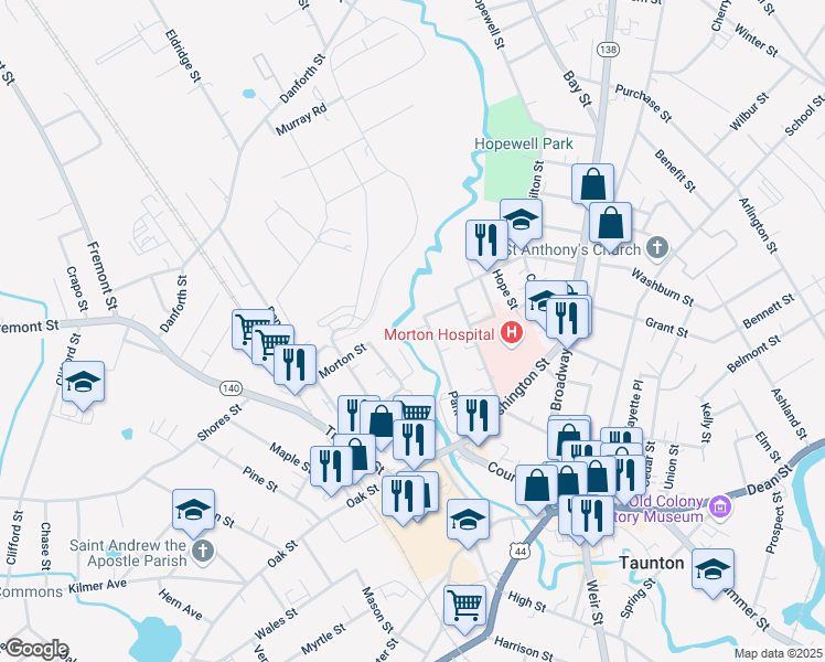 map of restaurants, bars, coffee shops, grocery stores, and more near 60 Park Street in Taunton