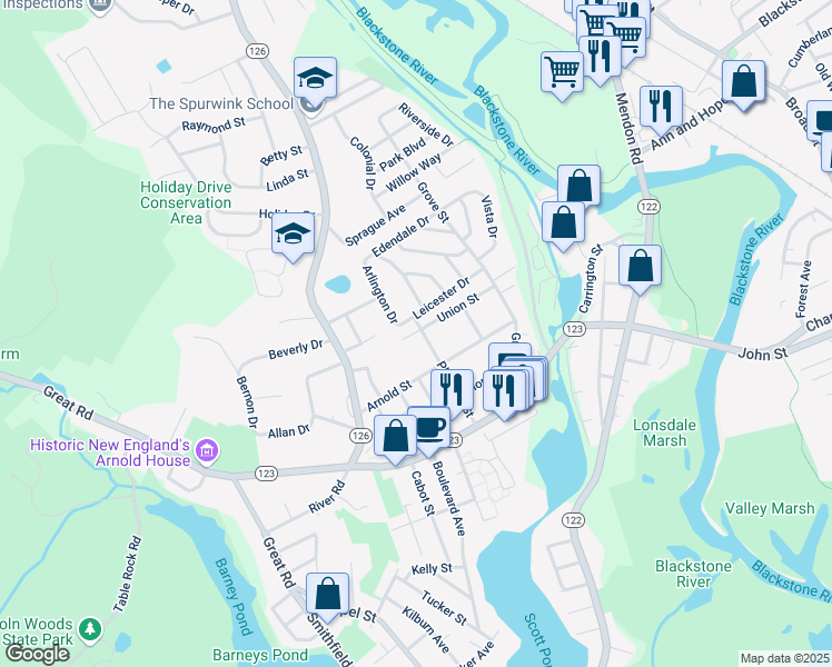 map of restaurants, bars, coffee shops, grocery stores, and more near 1 Jones Street in Lincoln
