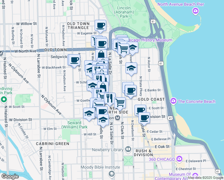 map of restaurants, bars, coffee shops, grocery stores, and more near 1330 North LaSalle Street in Chicago
