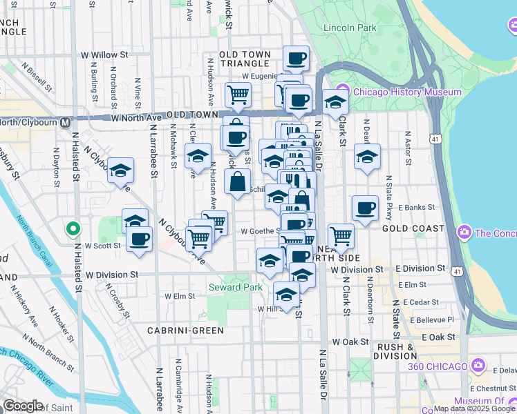 map of restaurants, bars, coffee shops, grocery stores, and more near 324 West Evergreen Avenue in Chicago