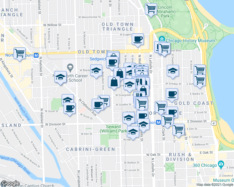 map of restaurants, bars, coffee shops, grocery stores, and more near 322 West Evergreen Avenue in Chicago