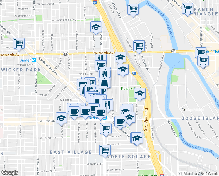 map of restaurants, bars, coffee shops, grocery stores, and more near 1363 North Bosworth Avenue in Chicago