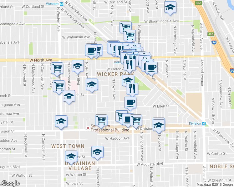 map of restaurants, bars, coffee shops, grocery stores, and more near in Chicago