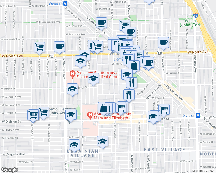 map of restaurants, bars, coffee shops, grocery stores, and more near 2129 West Schiller Street in Chicago