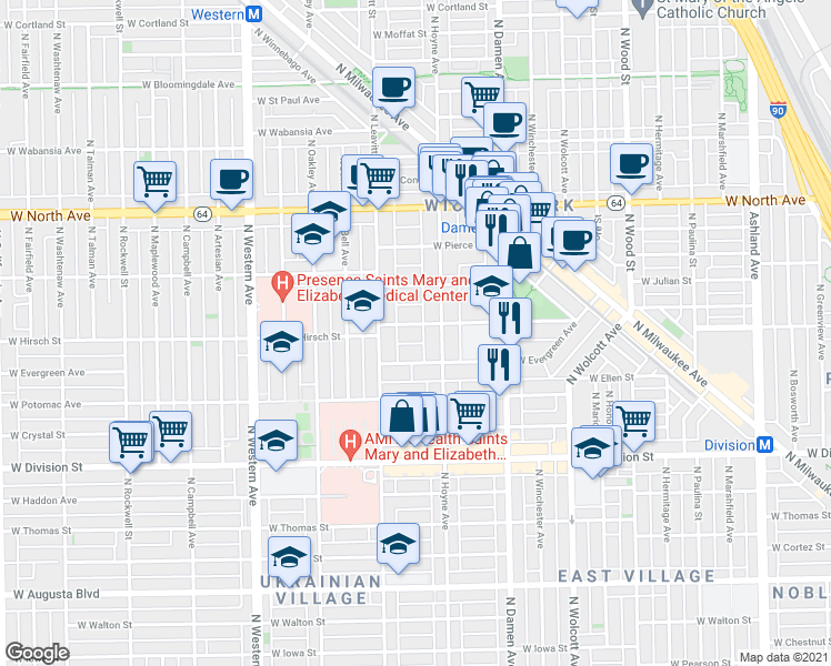 map of restaurants, bars, coffee shops, grocery stores, and more near 2129 West Schiller Street in Chicago