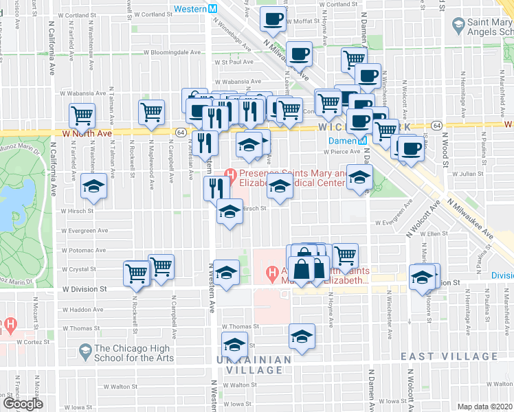 map of restaurants, bars, coffee shops, grocery stores, and more near in Chicago