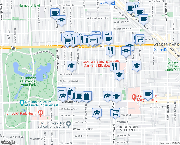 map of restaurants, bars, coffee shops, grocery stores, and more near in Chicago