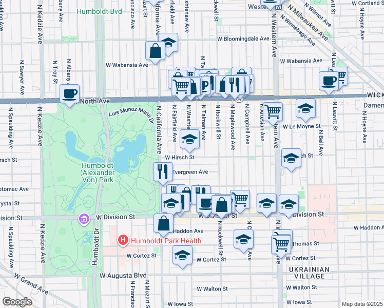map of restaurants, bars, coffee shops, grocery stores, and more near 1410 North Washtenaw Avenue in Chicago