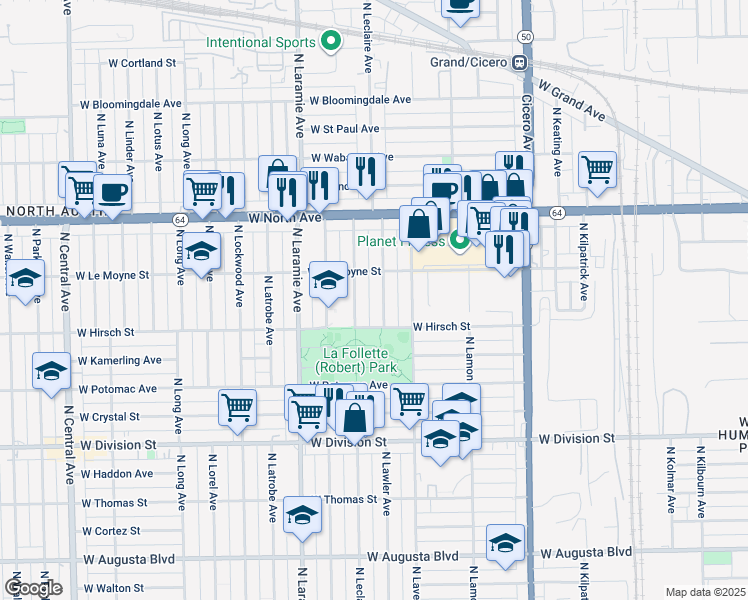 map of restaurants, bars, coffee shops, grocery stores, and more near 1437 North Leclaire Avenue in Chicago