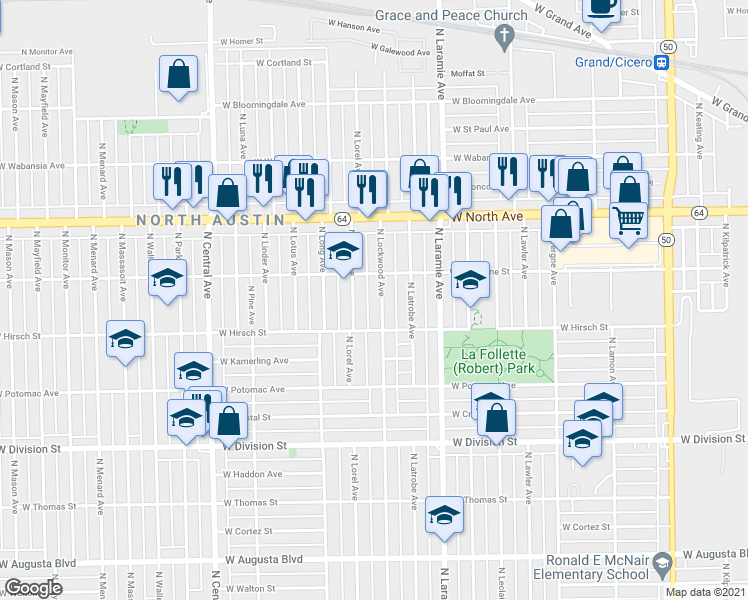 map of restaurants, bars, coffee shops, grocery stores, and more near 1443 North Lorel Avenue in Chicago