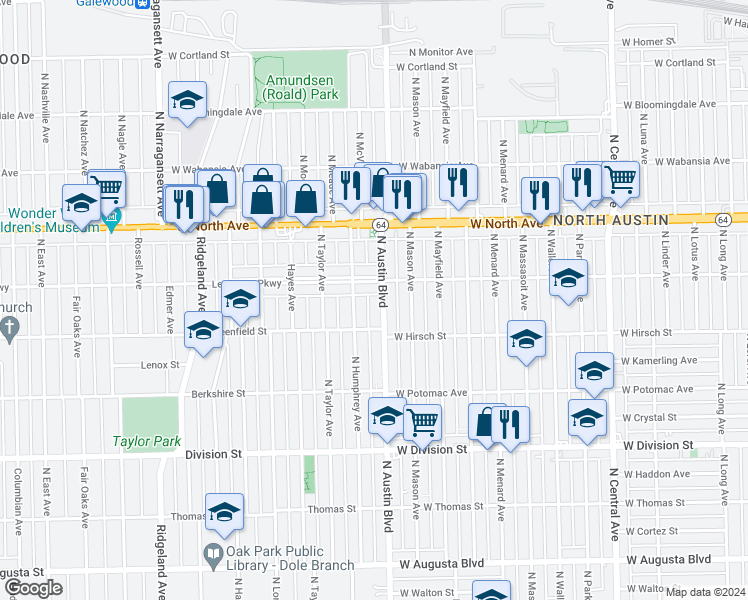 map of restaurants, bars, coffee shops, grocery stores, and more near 1445 North Austin Boulevard in Chicago