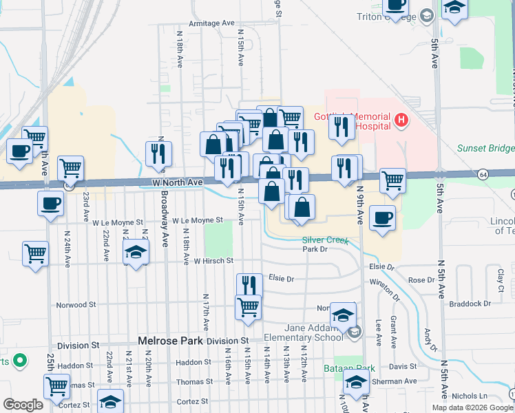 map of restaurants, bars, coffee shops, grocery stores, and more near 1421 Silver Creek Lane in Melrose Park