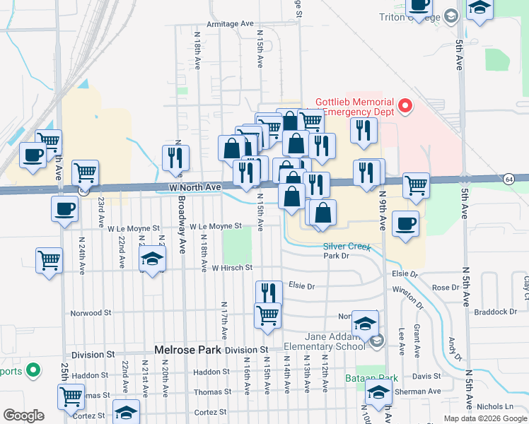 map of restaurants, bars, coffee shops, grocery stores, and more near 1421 Silver Creek Lane in Melrose Park