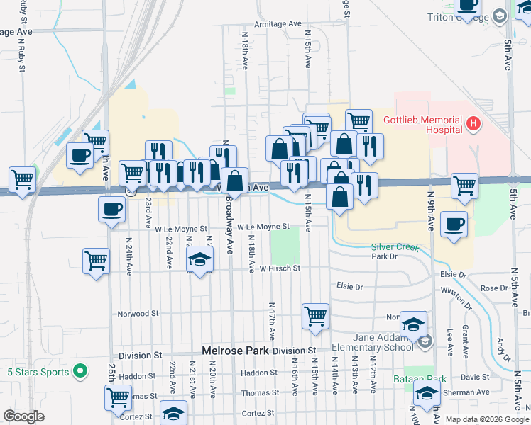 map of restaurants, bars, coffee shops, grocery stores, and more near 1824 North 17th Avenue in Melrose Park