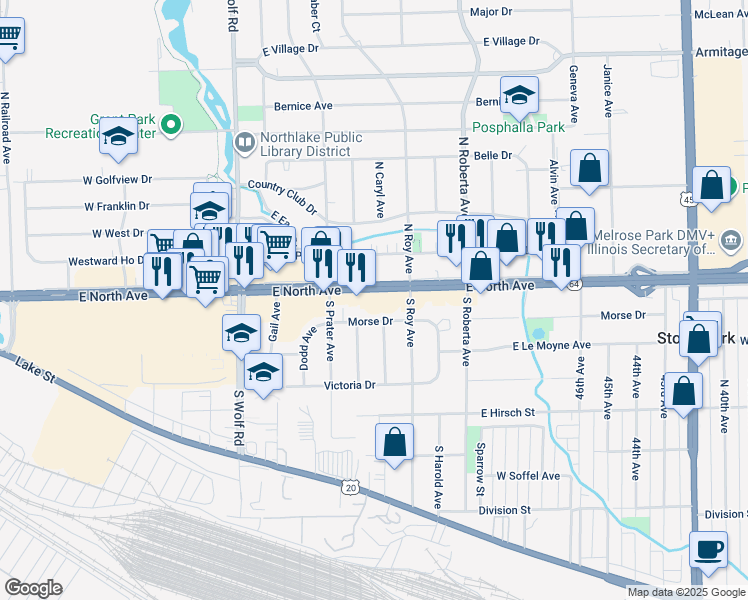 map of restaurants, bars, coffee shops, grocery stores, and more near 2318 North Avenue in Melrose Park