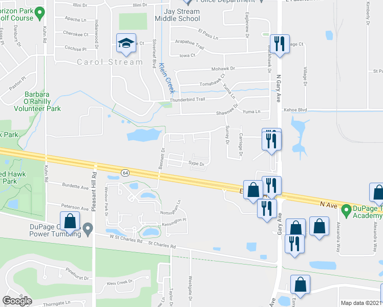 map of restaurants, bars, coffee shops, grocery stores, and more near 291 Sype Drive in Carol Stream