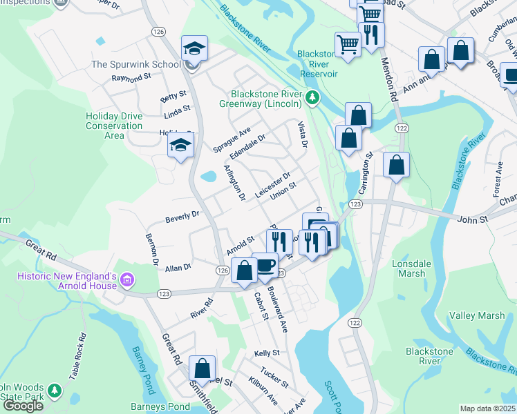 map of restaurants, bars, coffee shops, grocery stores, and more near 110 Pleasant Street in Lincoln