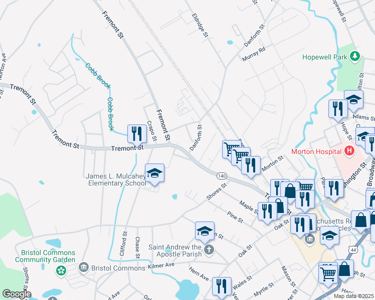 map of restaurants, bars, coffee shops, grocery stores, and more near 93 Tremont Street in Taunton