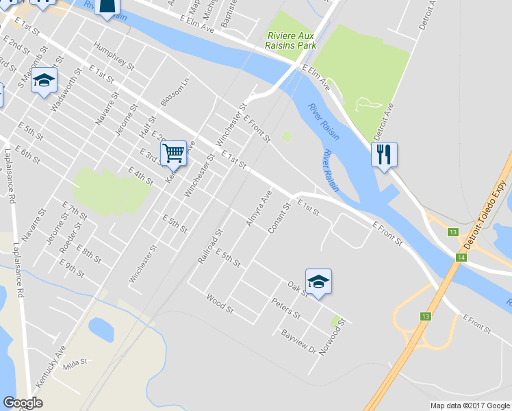 map of restaurants, bars, coffee shops, grocery stores, and more near 230 Almyra Avenue in Monroe