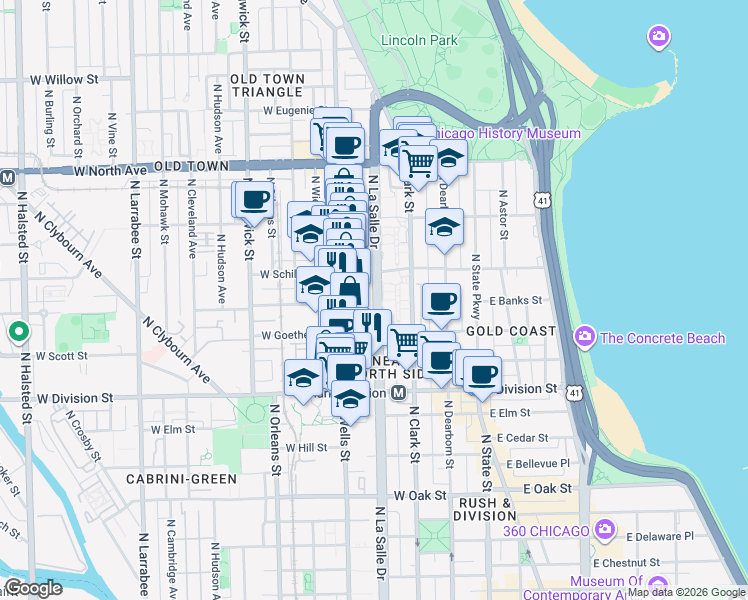 map of restaurants, bars, coffee shops, grocery stores, and more near 1330 North LaSalle Street in Chicago