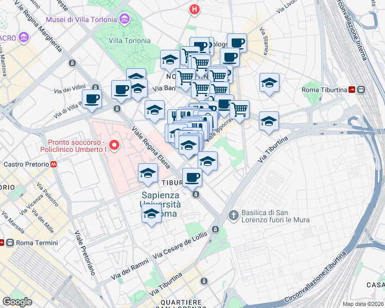 map of restaurants, bars, coffee shops, grocery stores, and more near 130 Viale Ippocrate in Rome