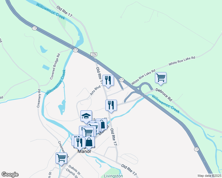 map of restaurants, bars, coffee shops, grocery stores, and more near 672 Old Route 17 in Livingston Manor