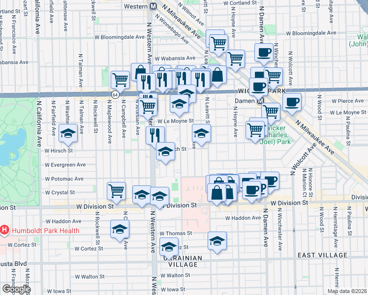 map of restaurants, bars, coffee shops, grocery stores, and more near 1401 North Oakley Boulevard in Chicago