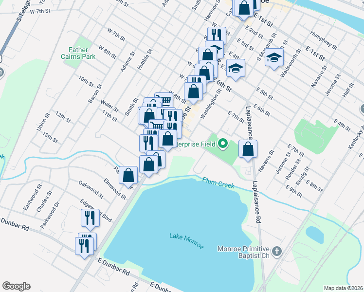 map of restaurants, bars, coffee shops, grocery stores, and more near 975 South Monroe Street in Monroe