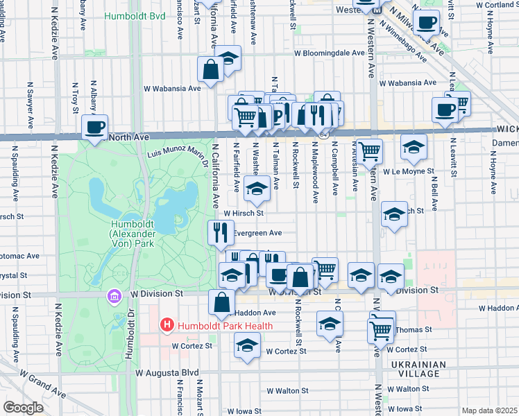 map of restaurants, bars, coffee shops, grocery stores, and more near 1405 North Washtenaw Avenue in Chicago