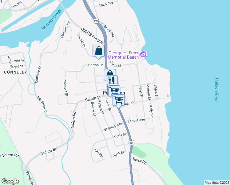 map of restaurants, bars, coffee shops, grocery stores, and more near 175 Broadway in Port Ewen