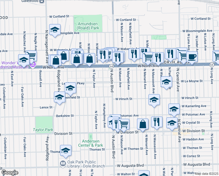 map of restaurants, bars, coffee shops, grocery stores, and more near 1445 North Austin Boulevard in Chicago