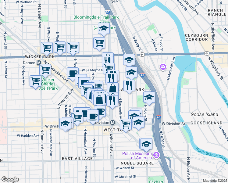 map of restaurants, bars, coffee shops, grocery stores, and more near in Chicago