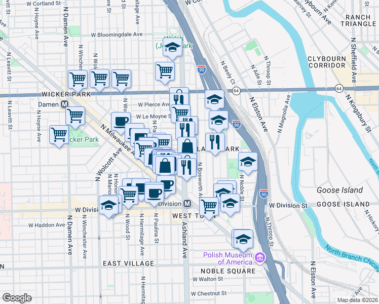 map of restaurants, bars, coffee shops, grocery stores, and more near in Chicago