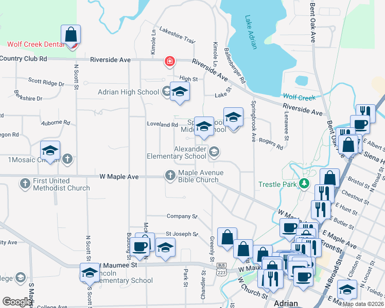 map of restaurants, bars, coffee shops, grocery stores, and more near 463 Northwestern Drive in Adrian