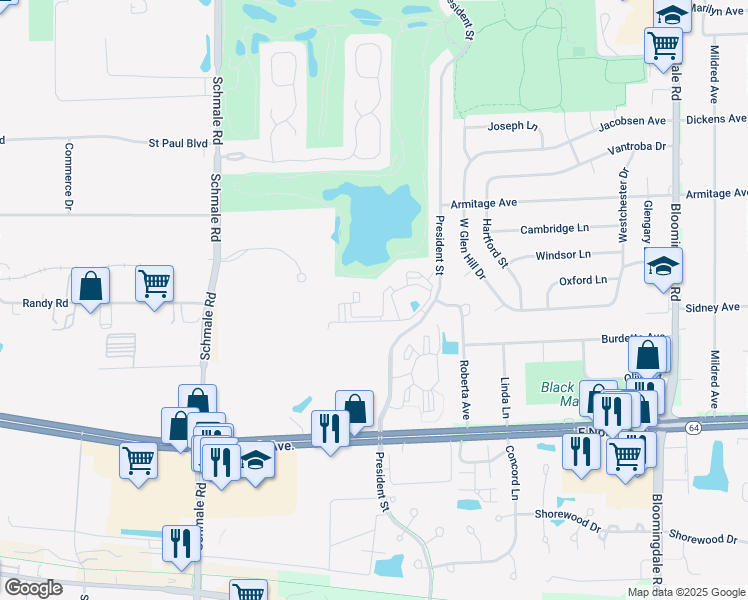 map of restaurants, bars, coffee shops, grocery stores, and more near 1352 Oakmont Drive in Glendale Heights