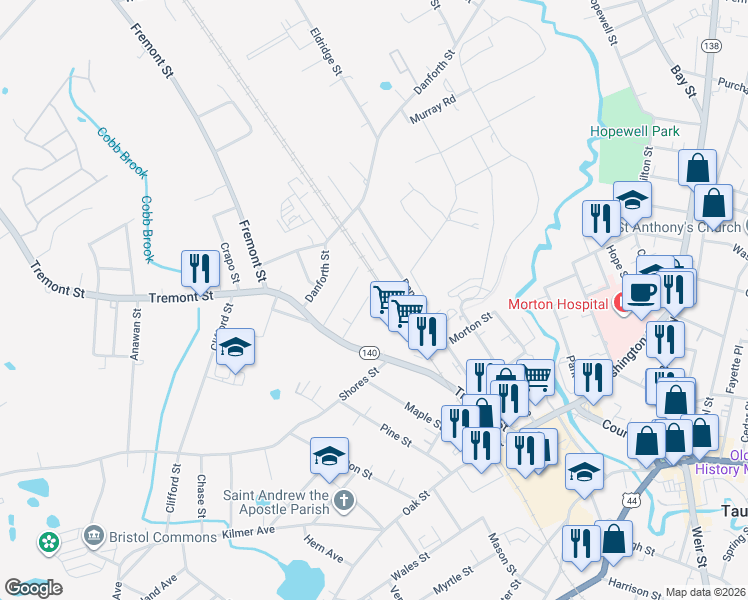 map of restaurants, bars, coffee shops, grocery stores, and more near 21 Stanley Avenue in Taunton