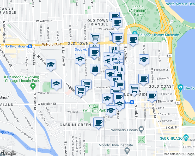 map of restaurants, bars, coffee shops, grocery stores, and more near 330 West Evergreen Avenue in Chicago