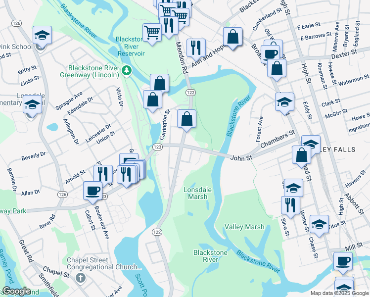 map of restaurants, bars, coffee shops, grocery stores, and more near 1643 Lonsdale Avenue in Lincoln