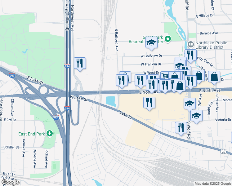 map of restaurants, bars, coffee shops, grocery stores, and more near 205 North Avenue in Northlake