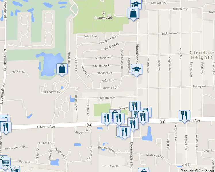 map of restaurants, bars, coffee shops, grocery stores, and more near 110 Glen Hill Dr in Glendale Heights