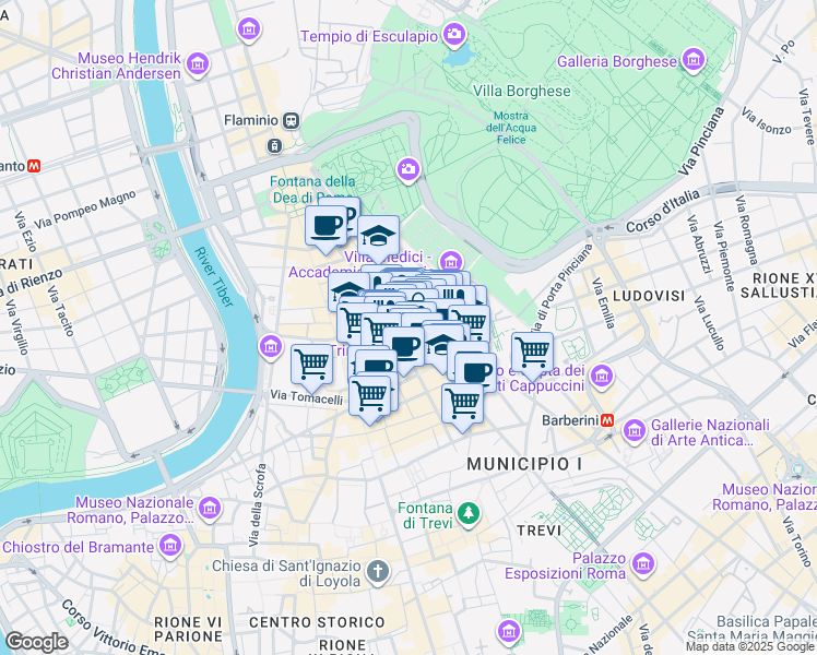 map of restaurants, bars, coffee shops, grocery stores, and more near 100 Via del Babuino in Roma