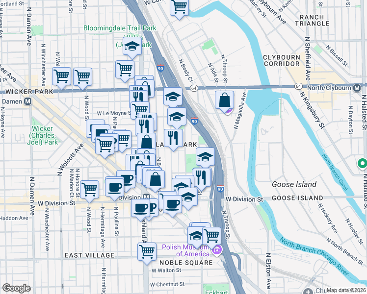 map of restaurants, bars, coffee shops, grocery stores, and more near 1435 West Blackhawk Street in Chicago