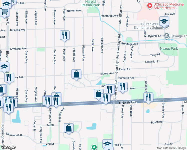 map of restaurants, bars, coffee shops, grocery stores, and more near 501C Sidney Avenue in Glendale Heights